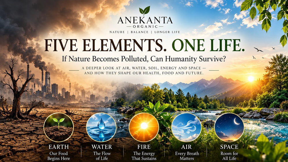 Five elements of nature — Earth, Water, Fire, Air and Space — between a polluted landscape and a flourishing green environment